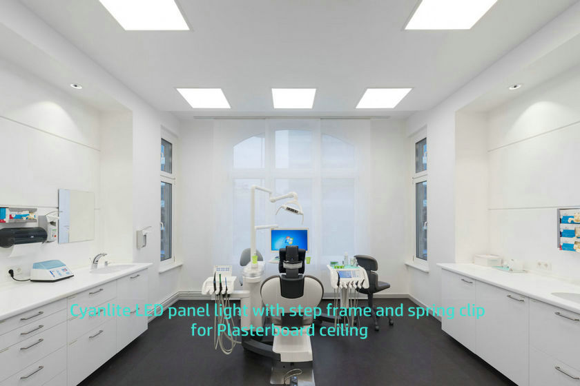 Cyanlite LED panel light with step frame and clip for plasterboard installation